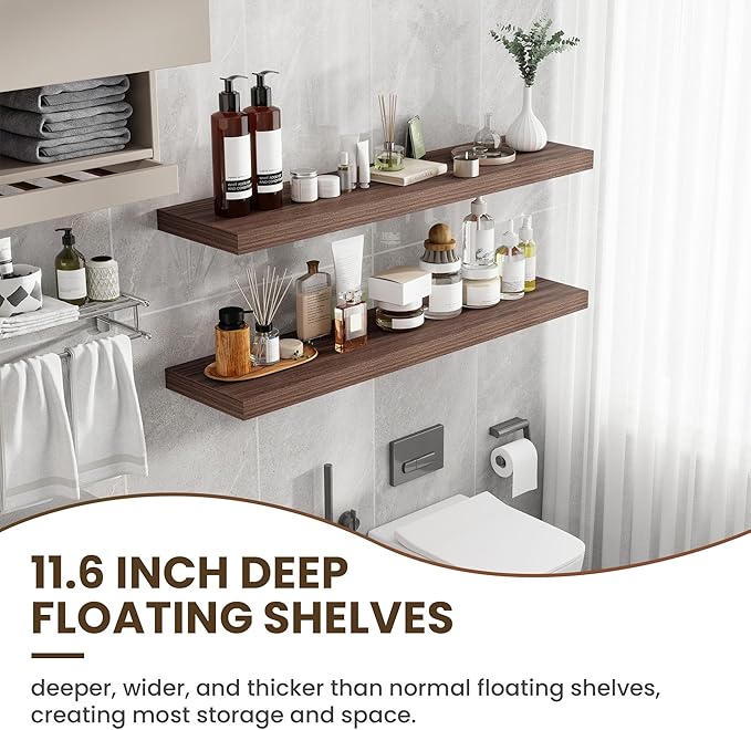 48 Inch Floating Shelves, 11.6 Inch Deep Floating Shelves for Wall, Floating Shelf with Invisible Brackets, Deep Shelves for Bathroom, Bedroom, Living Room, 1 Pack, Walnut