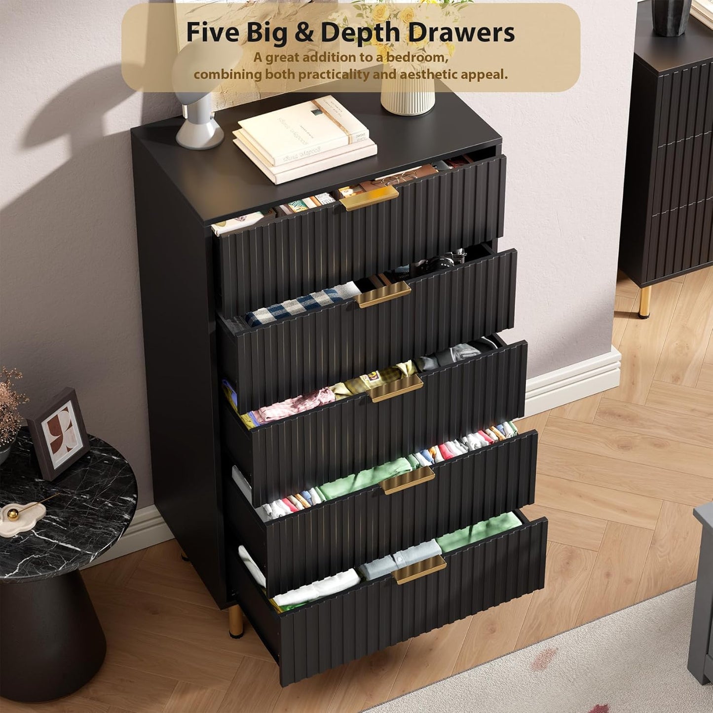 5 Drawer Dresser for Bedroom, 47.2" Tall Modern Chest of Drawers with Deep Drawers and Wide Top, Fluted Wooden Dresser Organizer for Living Room, Hallway, Kids Room, Black