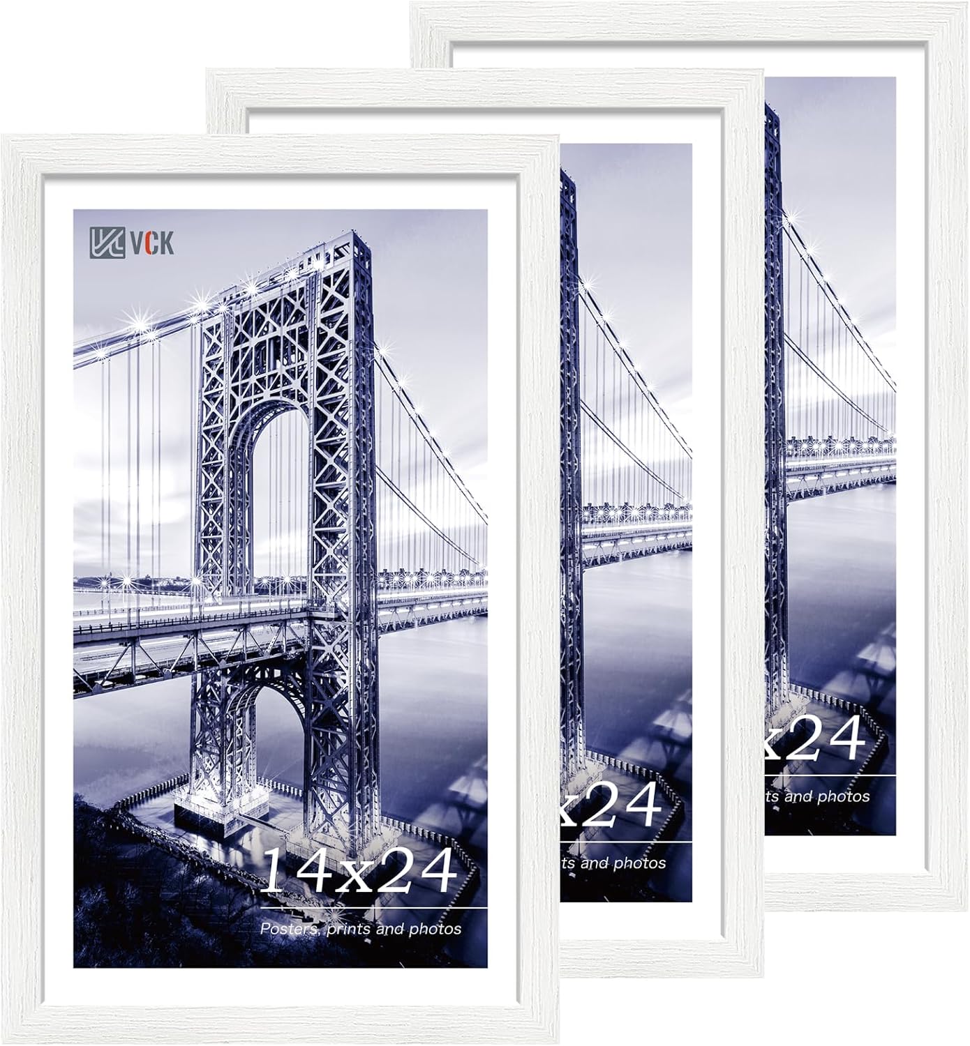 VCK 14x24 Picture Frame Set of 3, White Solid Wood Poster Frames, Textured Exclusive Wall Gallery Frame