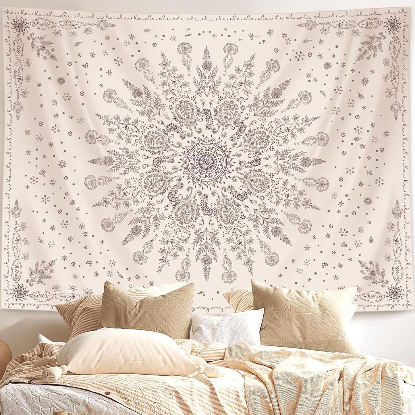 Lunerfex Boho Floral Tapestry Mandala Wall Tapestry, Cute Tapestries for Bedroom Beige Flower Tapestries Wall Hanging for Bedroom Living Room Decor Beige-1 70"x90"