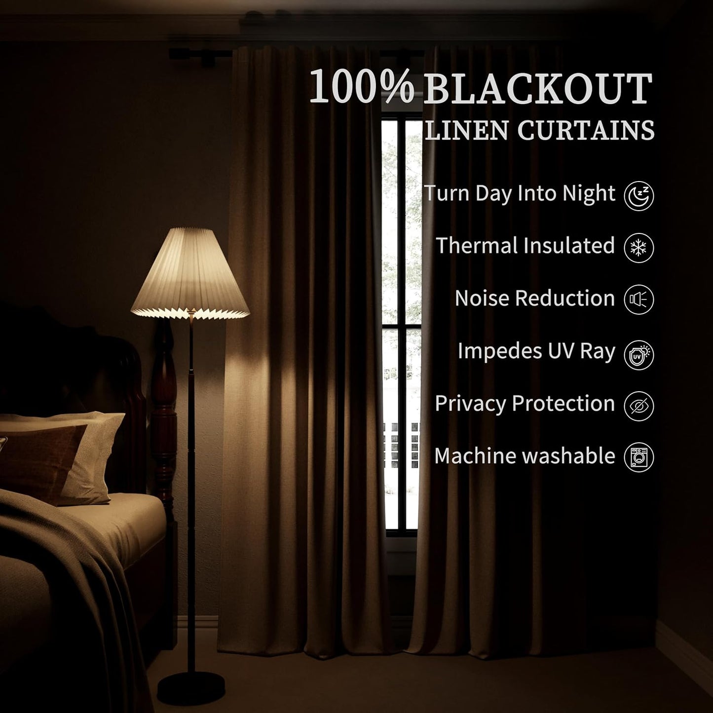 BOODII Full Blackout Curtains 90 Inches Long Room Darkening Curtain for Bedroom Sliding Door Thermal Insulated Black Out Curtains & Drapes Khaki Neutral Linen 2 Panels Set Back Tab 52x90