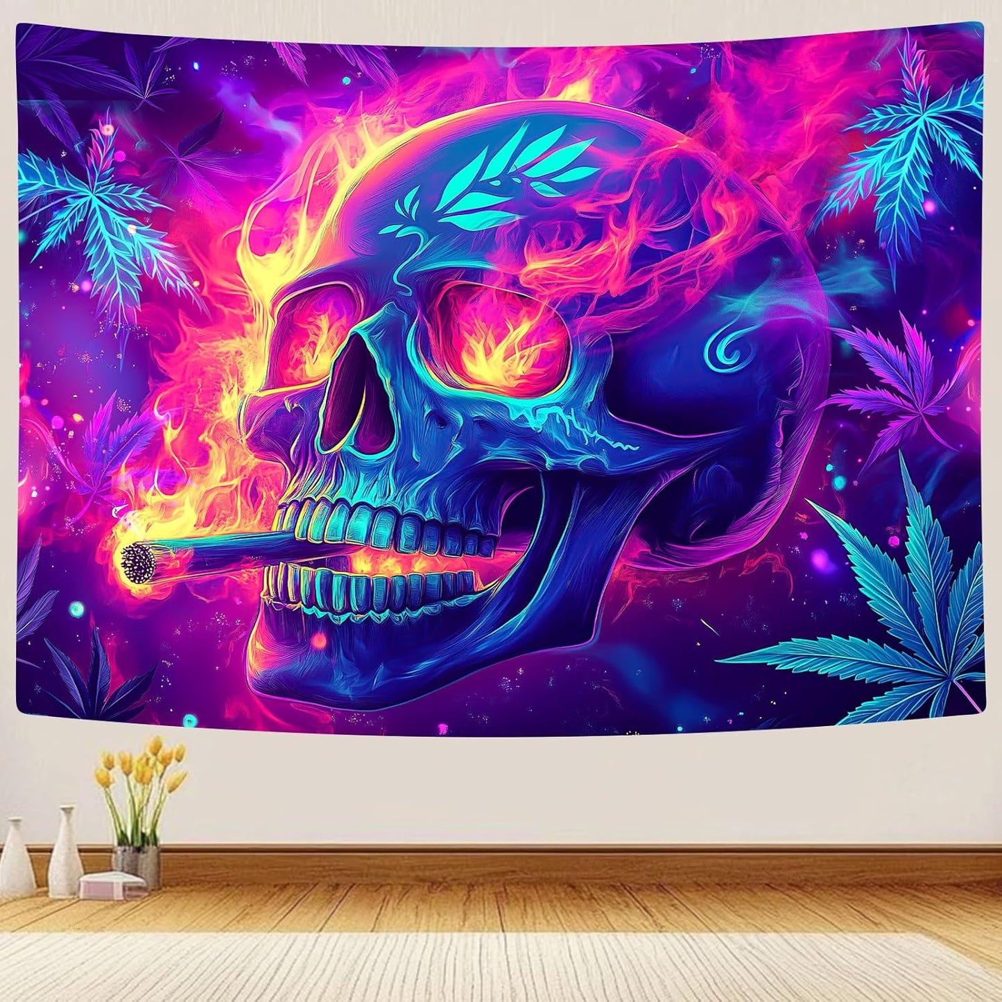 Blacklight Skeleton Tapestry, Glowing Skull UV Reactive Gothic Wall Hanging Tapestries, Glow in the Dark Grim Reaper Magic Horror Face Halloween Poster Tapestry for Bedroom Living Room Decor 60X51IN