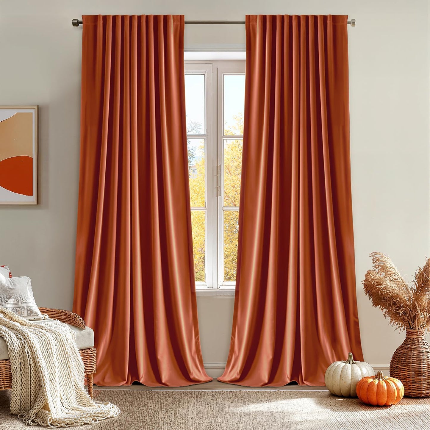 MIULEE Fall Burnt Orange Velvet Curtains 90 Inches Long 2 Panels - Back Tab and Pleated Luxury Window Curtains for Bedroom Living Room Blackout Thermal Insulated Soft Drapes Terracotta Rust Decor