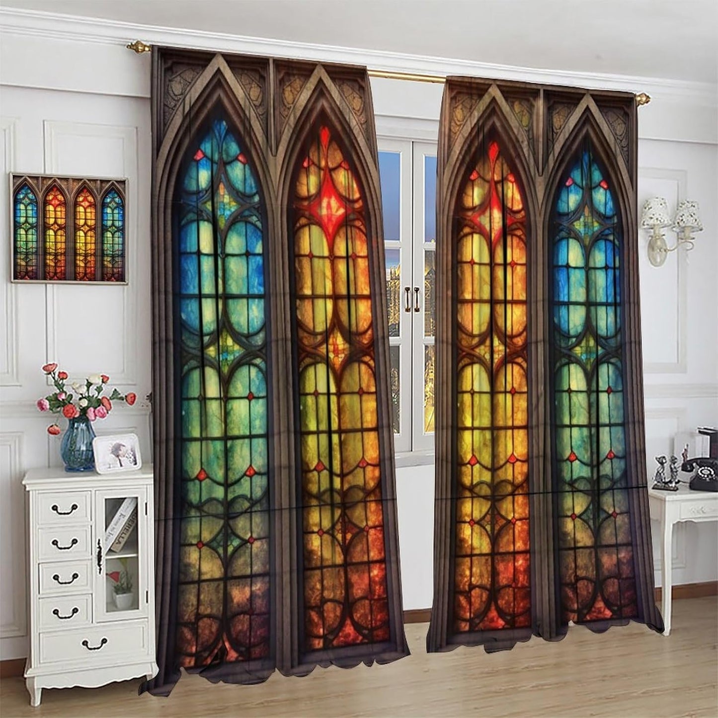 Stained Glass Curtains,Mid Century Vintage Style Abstract Art Home Decor Drapes for Bedroom Living Room Kitchen Window Treatment 2 Panels Set Total Size 63" W X 63" L Inch