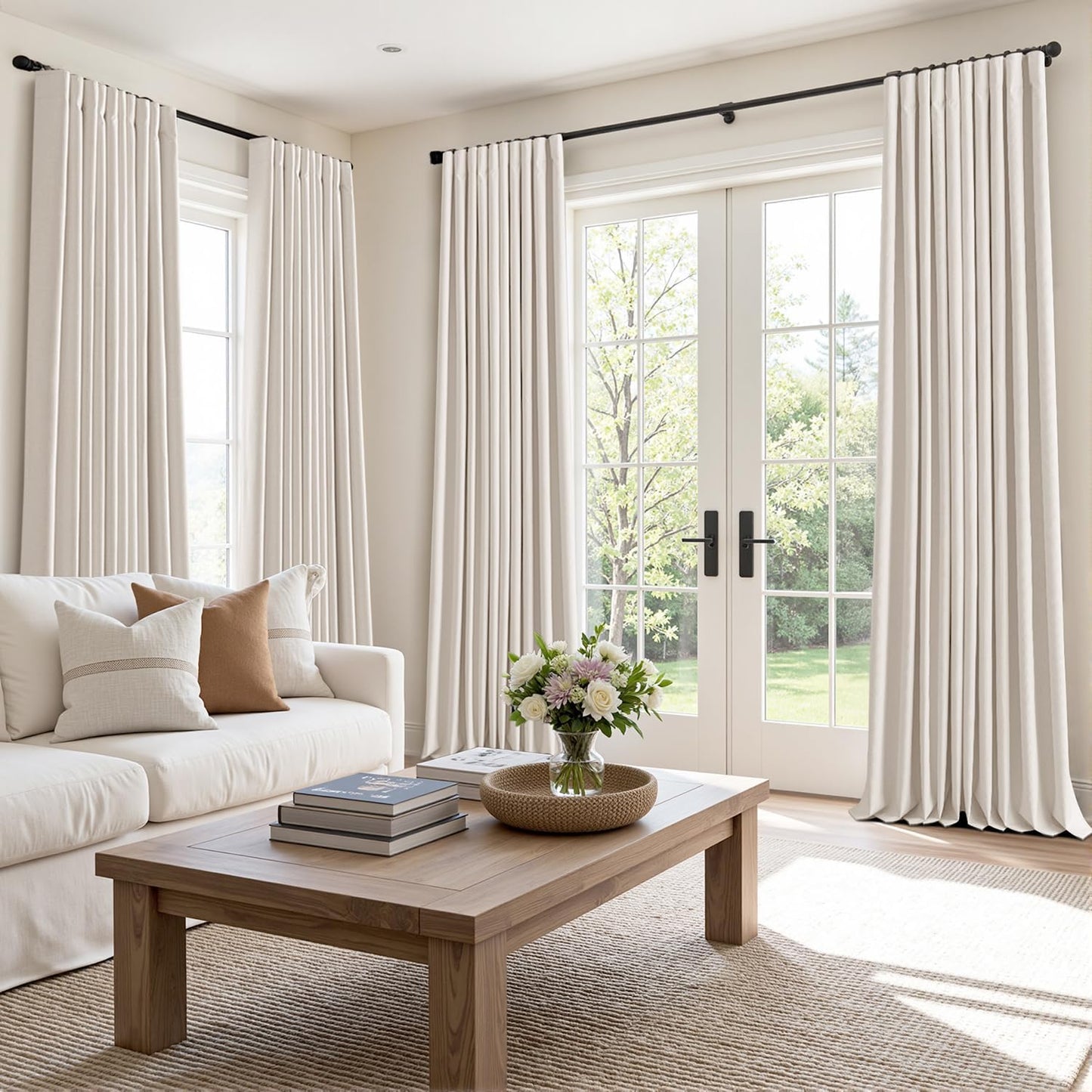 MIULEE 100% Blackout Curtains 84 Inch Long 2 Panels for Bedroom, Thick Luxury Faux Linen Black Out Curtain Room Darkening Back Tab Pleat Window Textured Drapes with Hooks for Living Room, Ivory