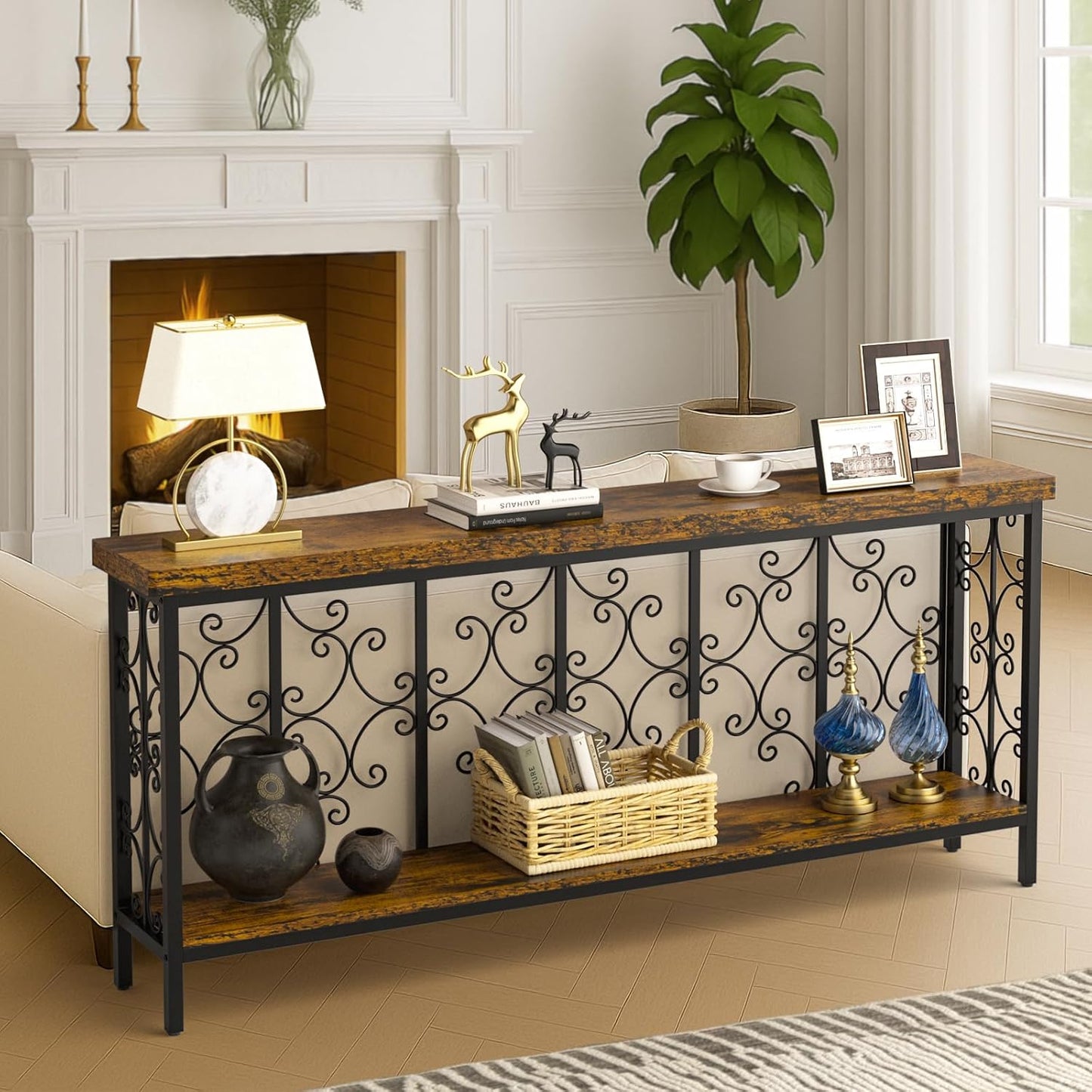 ikkle 70.9" Extra Long Console Table, Industrial Narrow Sofa Table Behind Couch with 2 Tier Storage Shelf, Entryway Hallway Accent Table for Living Room, Foyer, Rustic Brown