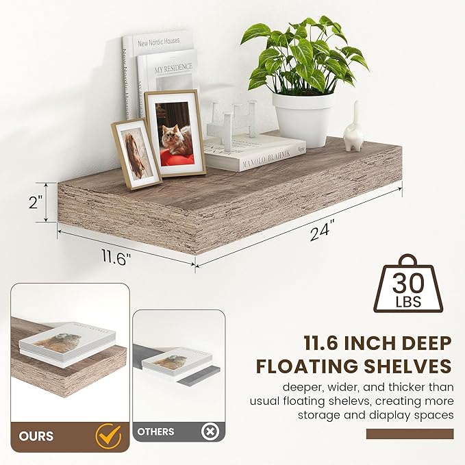 Deep Floating Shelves for Wall | 24 Inch Wide x 12 Inch Deep Floating Shelves | 24W x 12D Rustic Grey Wood Wide Wall Shelves | Bookshelf Laundry Shelf TV Shelf