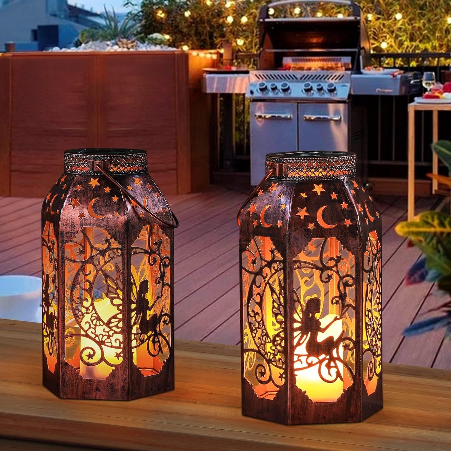 Solar Lanterns Outdoor Garden Hanging Lantern Waterproof LED Metal Bronze Moon Fairy Lantern Waterproof Flickering Flameless Candle Mission Lights for Table,Patio,Mother's Day Gift(2Pack)