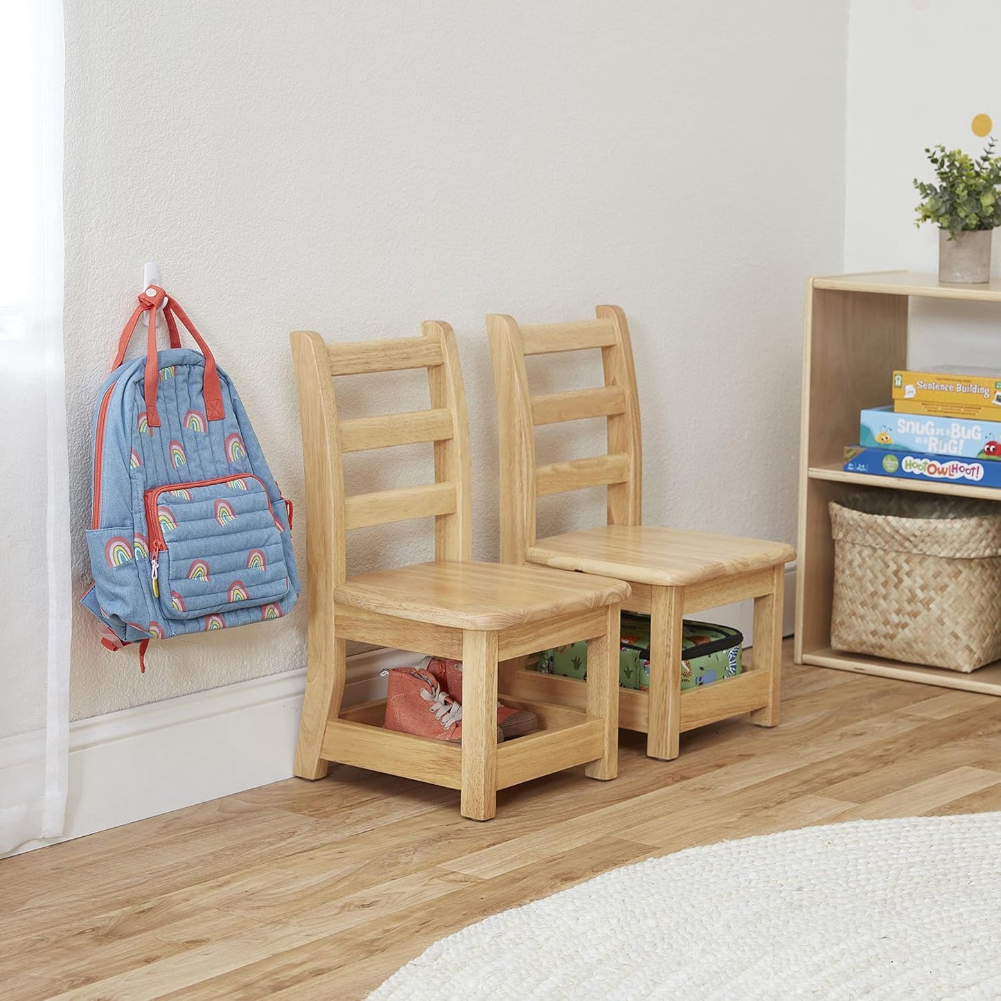 ECR4Kids Three Rung Ladderback Chair with Storage, 10in Seat Height , Classroom Seating, Honey, 2-Pack