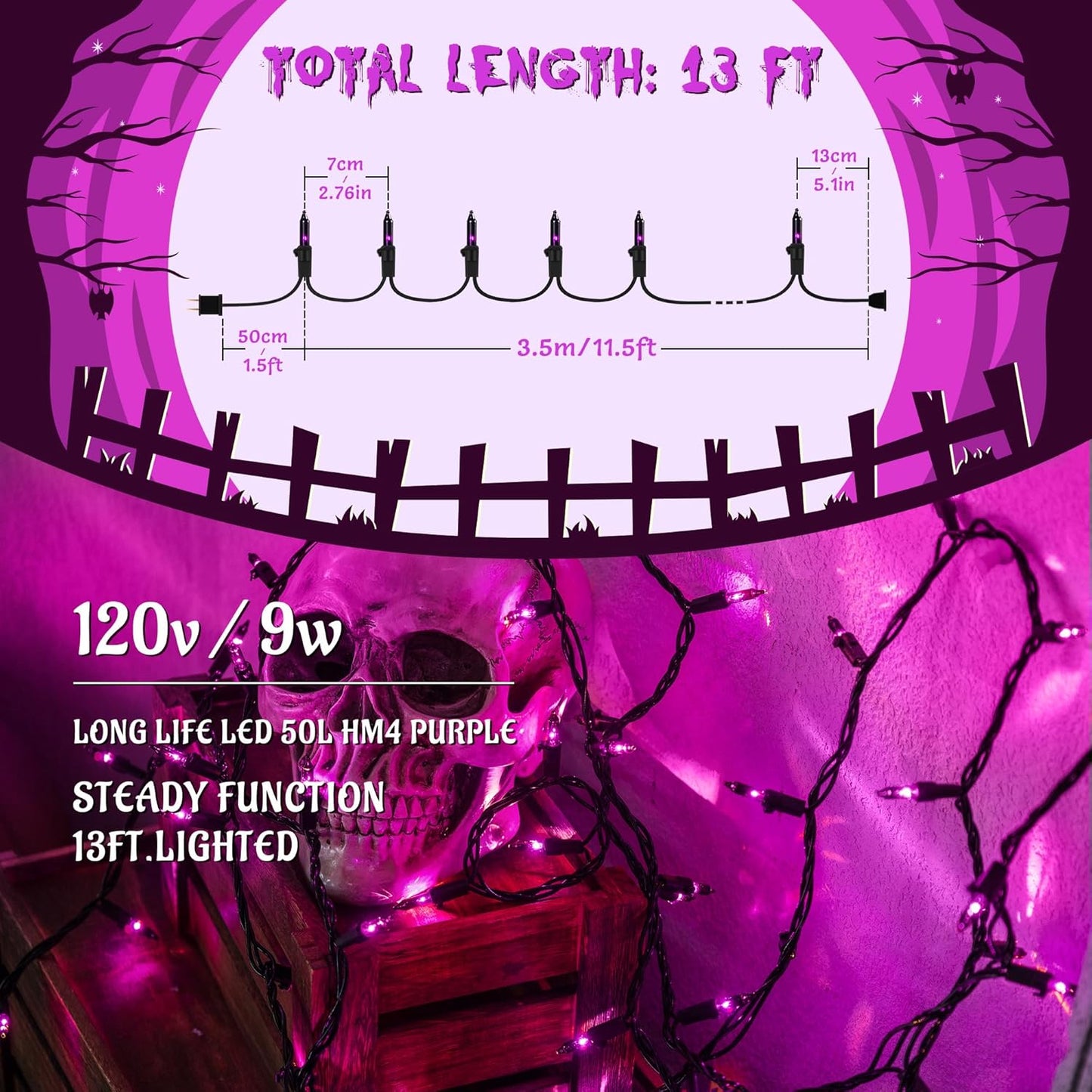 YOUNGAR Purple Halloween Lights, Clear Halloween Light Outdoor,13FT 50 UL Approved String Light with Black Wire,Incandescent Mini Waterproof Plug in for Indoor Tree Patio Garden Christmas Xmas Decor