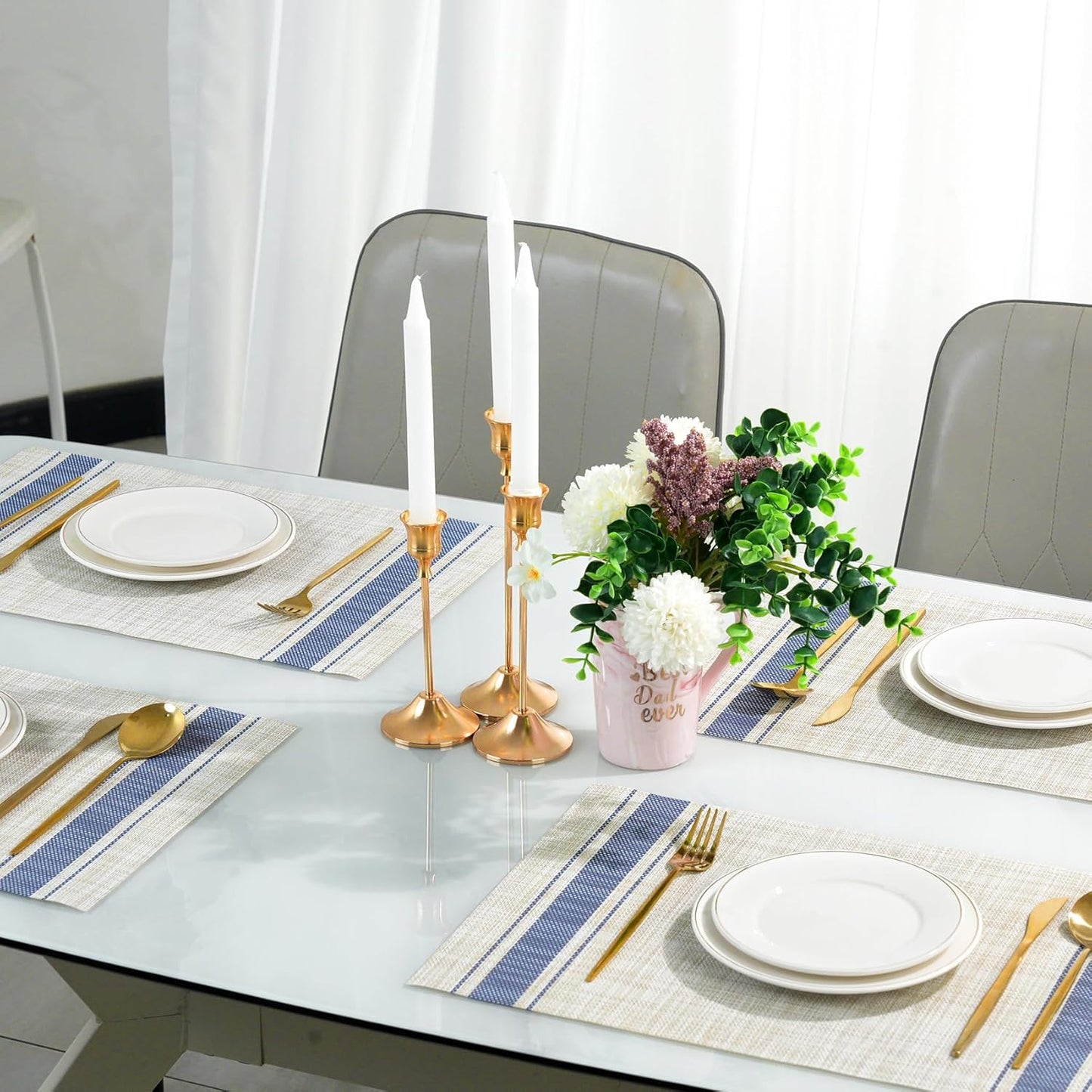 Placemats Set of 12，Non-Slip PVC Weave Table Mats Easy to Clean，Heat Resistant Place Mats for Kitchen Dining Table Decoration Indoor Outdoor，Khaki Blue