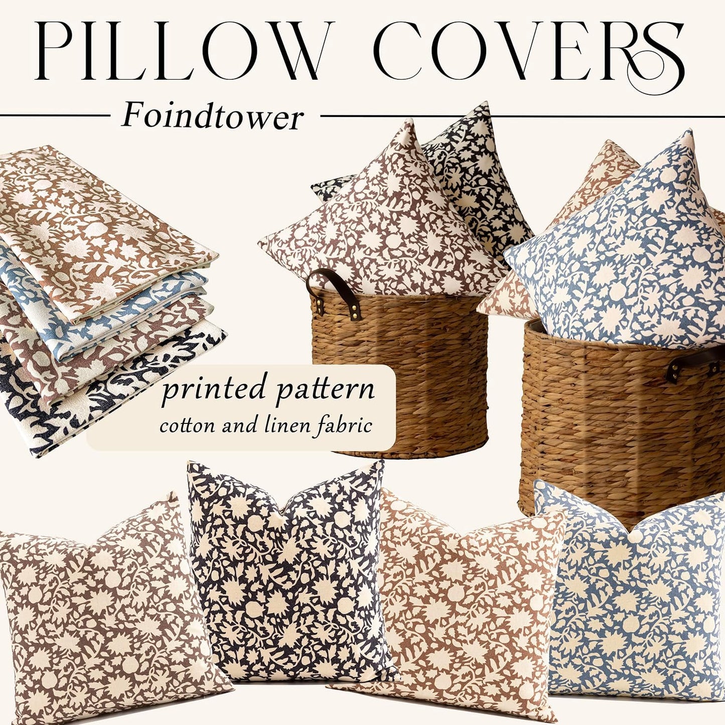 Foindtower Set of 2 Decorative Neutral Floral Throw Pillow Covers Accent Farmhouse Cushion Covers Boho Vintage Pillowcase for Couch Sofa Bedroom Living Room Home Decor Outdoor24×24 Inch,Black