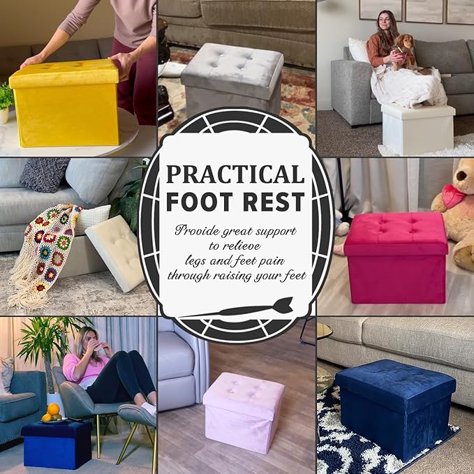 LINMAGCO Storage Ottoman Folding Foot Stool Foot Rest with Side Pocket Modern Ottoman with Storage Short Sofa Stool Velvet 17x13x13(Purple)