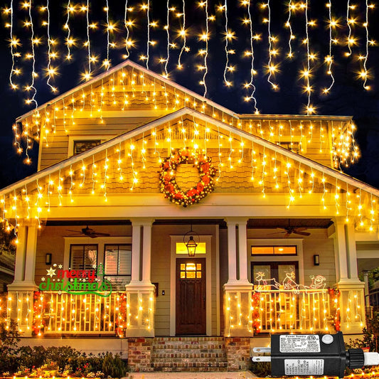 Warm White Christmas Lights Outdoor, 66ft 640 LED Icicle Lights for Outside House with Connectable Clear Wire 8 Modes Timer, Plug in Waterproof for Eaves Yard Party Indoor Holiday Decoration