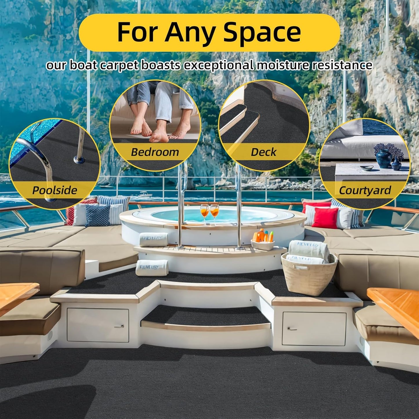 Marine Carpet,5 FT x 10 FT Black Indoor Outdoor Carpet 0.2" Thick Boat Carpet with Water-Proof TPE Backing, Non-Slide Outdoor Marine Carpet Roll for Home, Patio, Porch, Deck