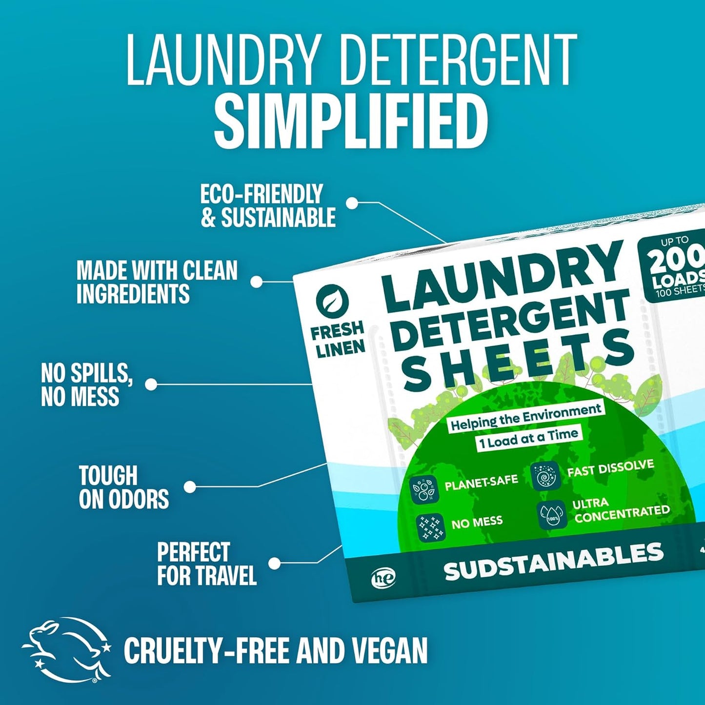 Sudstainables Laundry Detergent Sheets (200 Loads) – Eco-Friendly, Zero Waste, Plastic-Free Laundry Washing Machines Soap Sheets; Dissolvable, Space-Saving Strips for Travel (Fresh Linen)