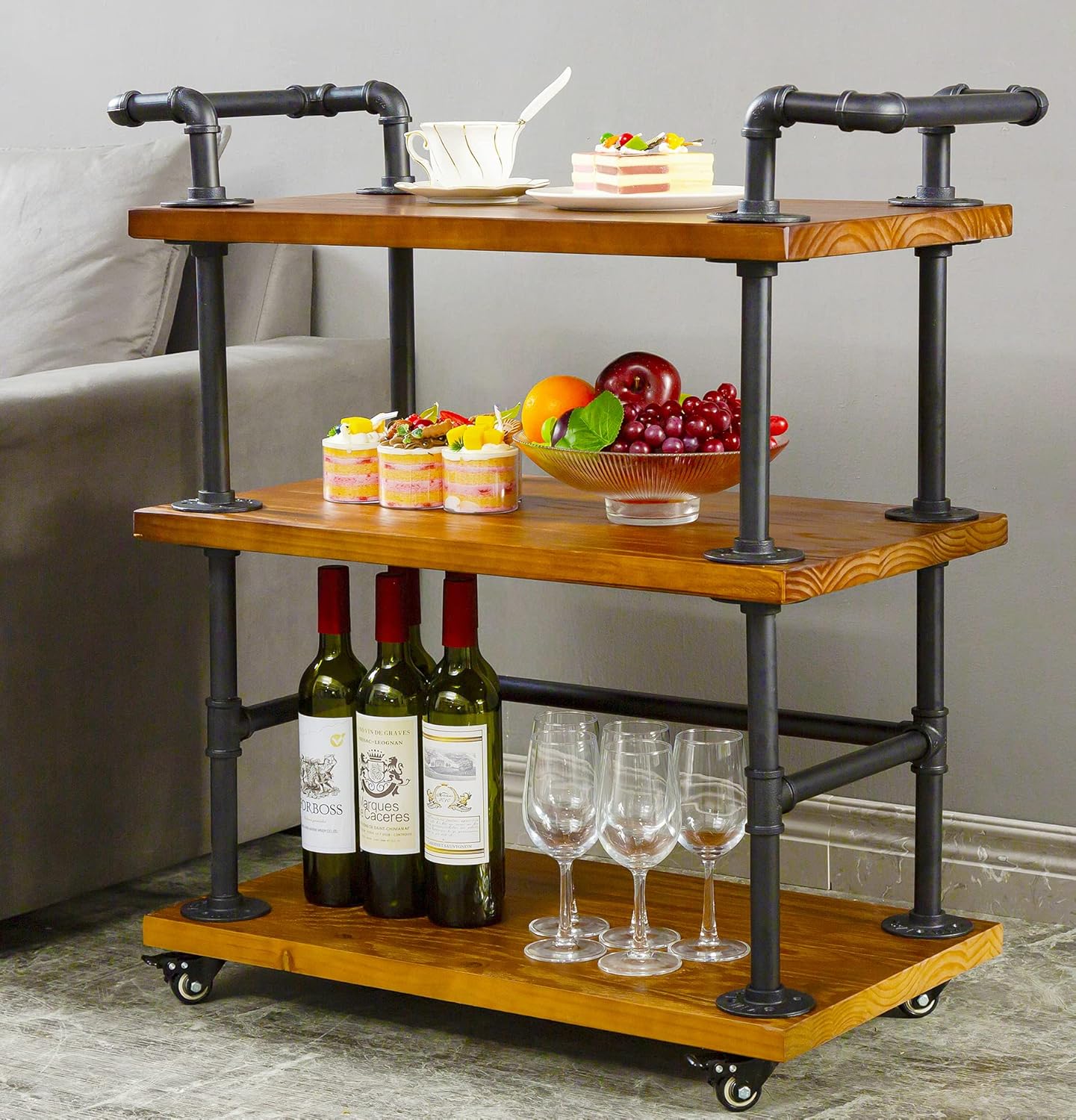 Industrial Pipe Bar Carts/Serving Carts/Kitchen Carts/Wine Rack Carts on Wheels with Shelves - Wood Rolling Carts - Wine Tea Liquor Shelves/Holder - Home Furniture
