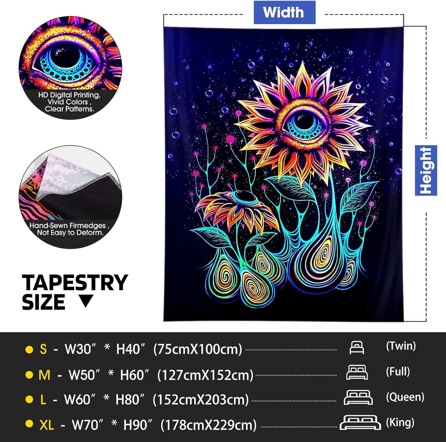 ADDWel Blacklight Sunflower Tapestry, Hippie Eye Tapestry Glow In The Dark, UV Reactive Black Light Upright Posters Wall Hanging for Bedroom Dorm Living Room Backdrop Decor