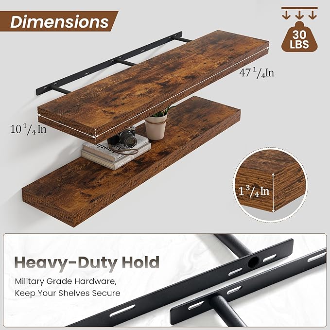 Heimlove 48" Floating Shelves for Wall,10 Deep Rustic Brown Wood Display & Storage Wall Shelves with Heavy Duty Brackets for Bathroom,Bedroom,Kitchen,Living Room,Office,Set of 2