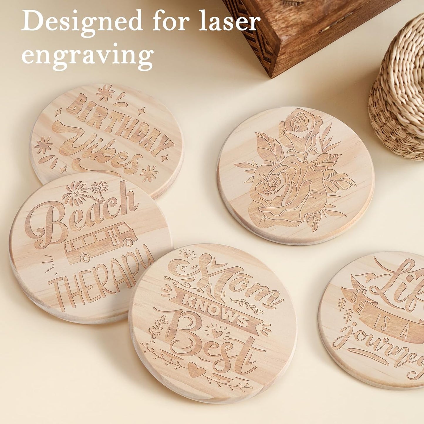 48 Pieces Unfinished Wood Coasters, GOH DODD 4 Inch Wooden Blanks with Non-Slip Pads for Laser Engraving Wood Burning Staining Painting Decoupage Housewarming Gifts Wedding Crafts Education, Round