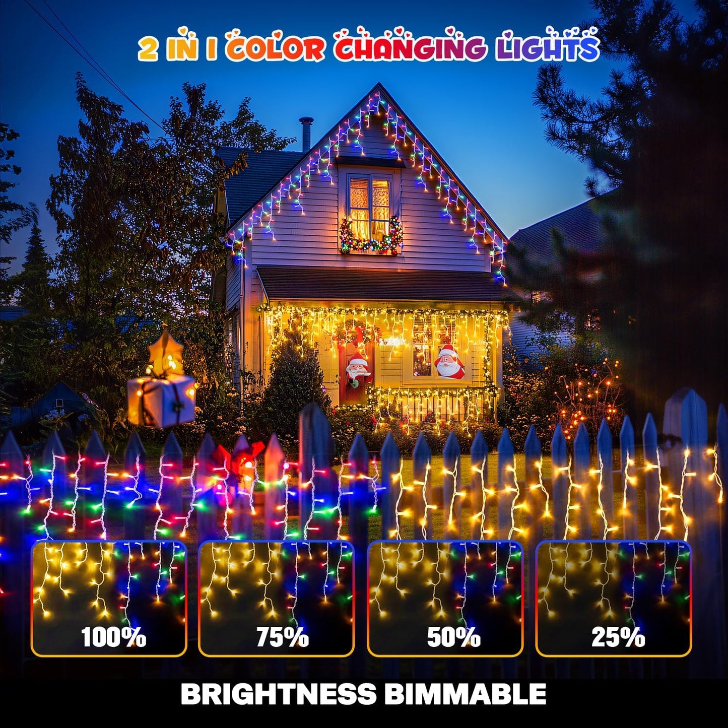 JMEXSUSS Color Changing Outdoor Waterproof Icicle Lights, 400 LED with Remote, Warm White to Multicolor for Christmas Eaves Party Decorations