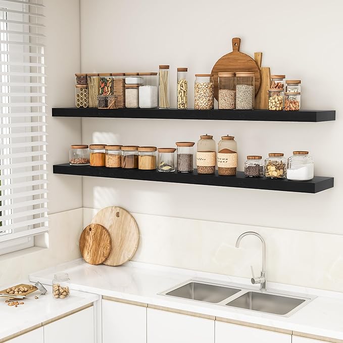 RICHFOCUS 72Inch Floating Shelves for Wall 2 Pack Shelves for Bedroom|Kitchen|Bathroom Wall Mounted Rustic Wood Floating Shelf with Invisible Brackets for Books|Storage|Decor, Black