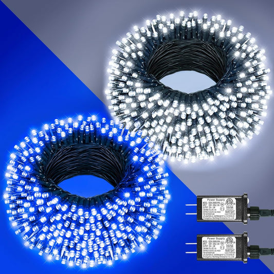 2 Pack Christmas Lights Outdoor, Total 200FT 600LED Christmas String Lights with 8 Modes Waterproof, Green Wire Twinkle Tree Lights for Indoor Patio Xmas Decor, 1 Pack Blue & 1 Pack White