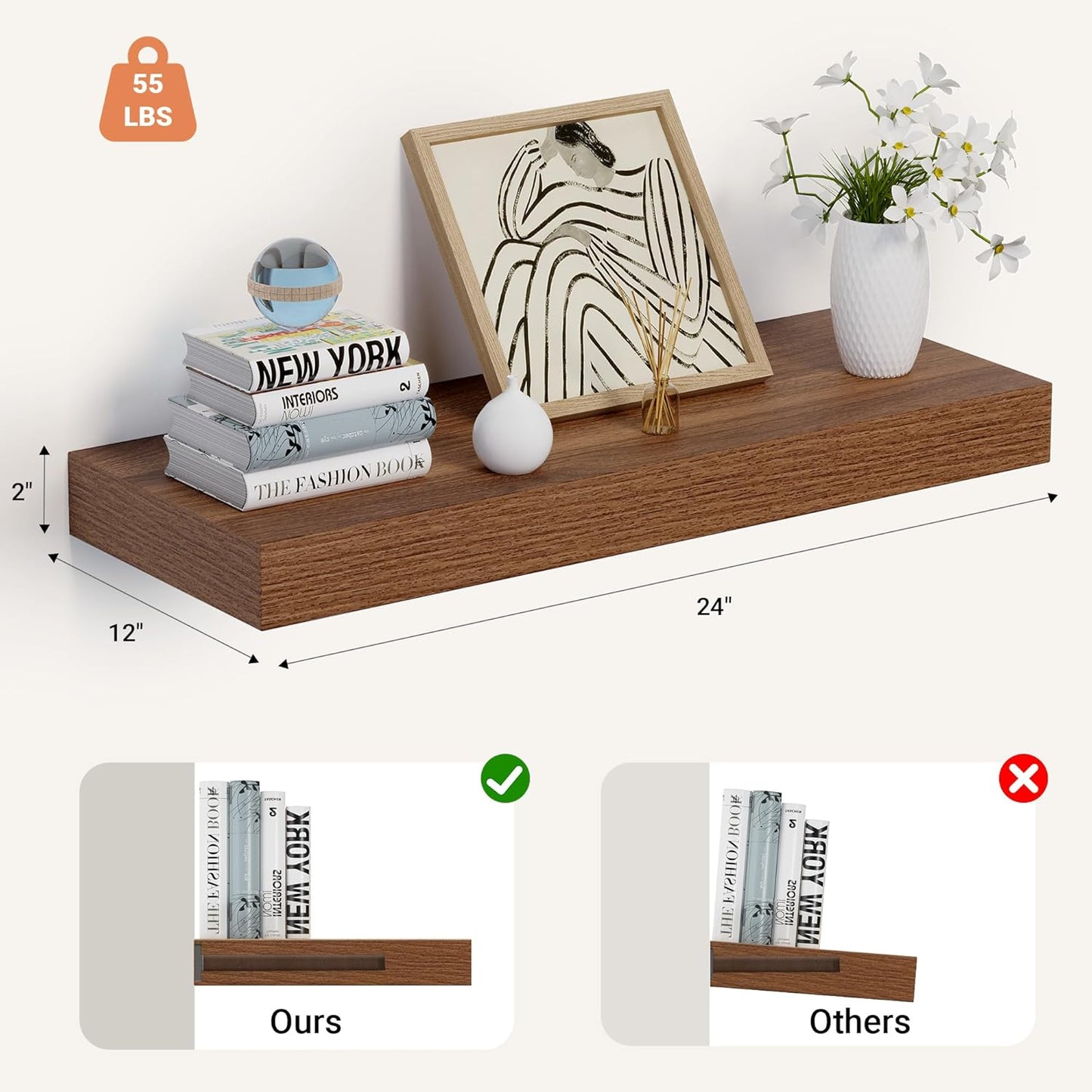 Heimlove 24 x 12 Inch Deep Floating Shelves Wall Mounted with Invisible Brackets,Storage Hanging Shelf for Wall Decor in Bathroom, Bedroom, Toilet, Kitchen, Living Room, Office Set of 1 (Walnut)