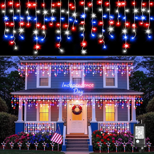 Red White and Blue Lights for 4th of July Decor, 66ft Icicle Lights for Outside Independence Day Decoration, 640 LED Christmas Light Outdoor Indoor with 120 Drops Clear Wire Connectable for Holiday