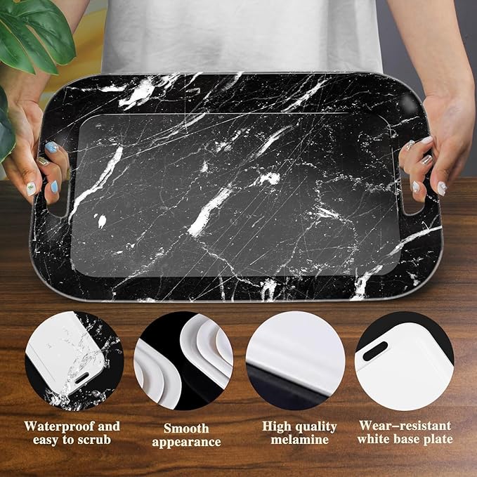 Serving Trays with Handles, 14.5 x 9.8 inch Rectangular Plastic Tray for Restaurant, Kitchen, Black Marble