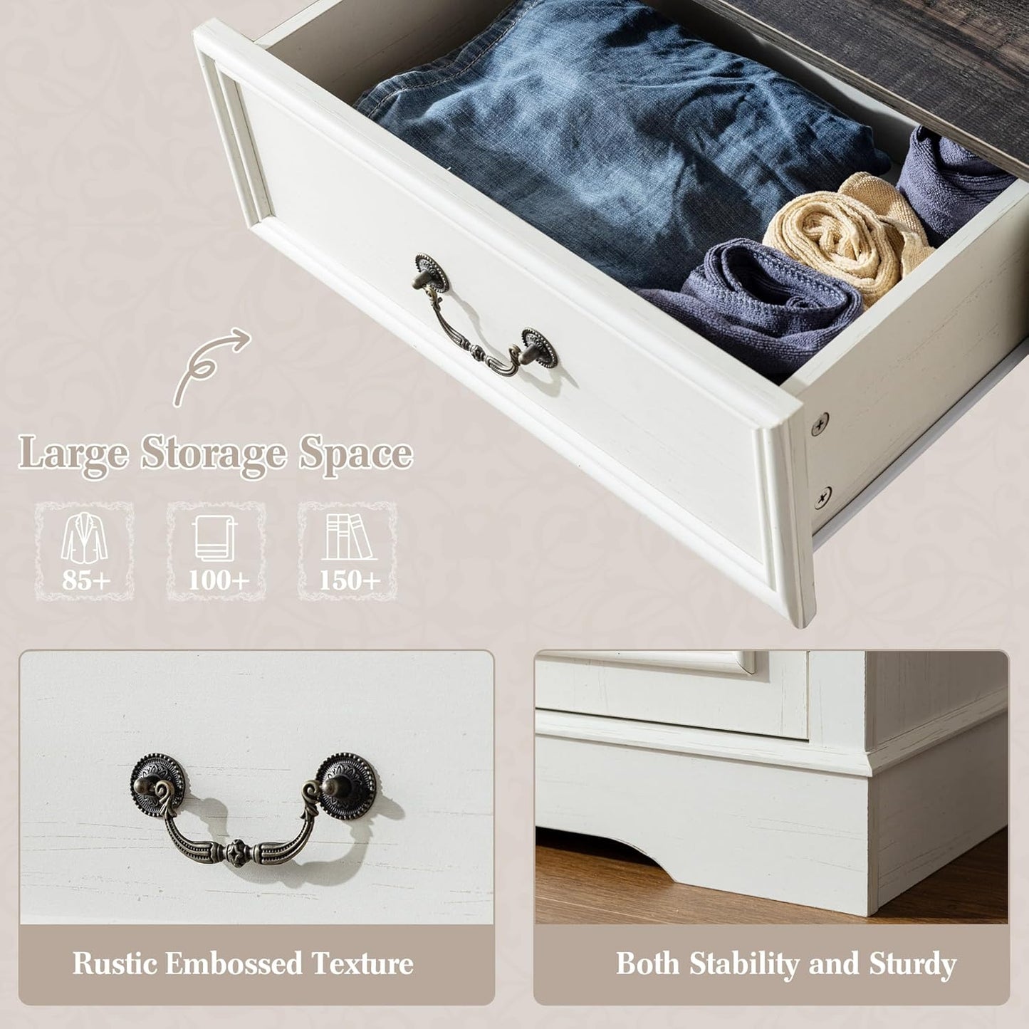 EnHomee White Dresser for Bedroom with 6 Drawer & 2 Doors,Wood Dressers & Chests of Drawers,Farmhouse TV Stand,Entryway,Antique White