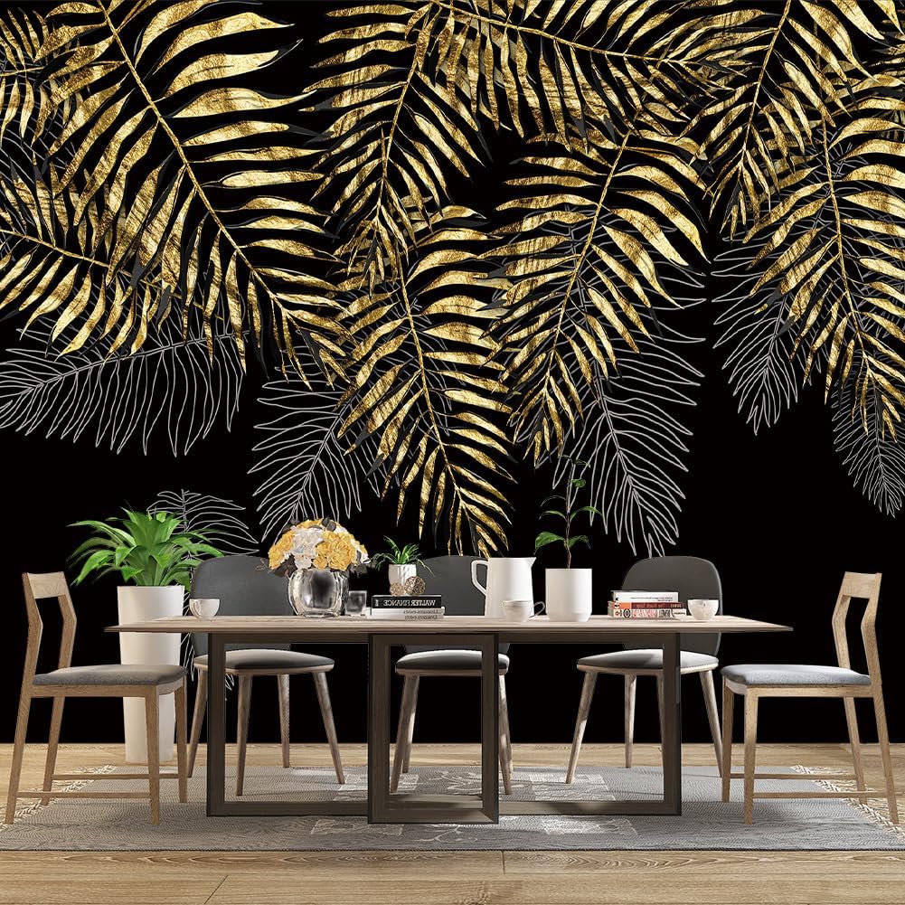 Black and Gold Leaf Mural Bedroom Tropical Botanical Wallpaper Room Plant Decor Living Room tv Background Large Wall Mural - 91"x65" (Not Peel and Stick)