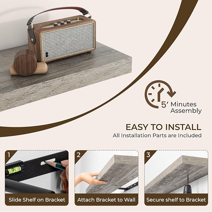 RICHFOCUS 31.5Inch Floating Shelves for Wall 2 Pack Shelves for Bedroom|Kitchen|Bathroom Wall Mounted Rustic Wood Floating Shelf with Invisible Brackets for Books|Storage|Decor, Grey