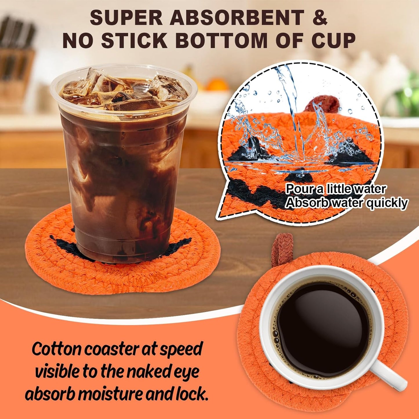 Whaline 4Pcs Halloween Pumpkin Handmade Braided Cotton Coasters Orange Black Pumpkin Shape Drink Coasters Absorbent Cup Coasters for Home Office Party Decor, 4.7 Inch