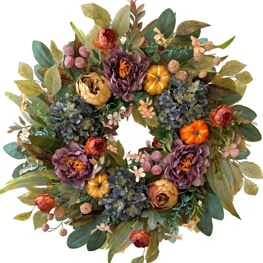WANNA-CUL 24 Inch Spring Fall Wreaths for Front Door with Blue Hydrangea, Fall Wreath Front Door with Purple Orange Peony and Pumpkins-Fall Decoration for Home-Large Fall Decor Door Wreath for Autumn
