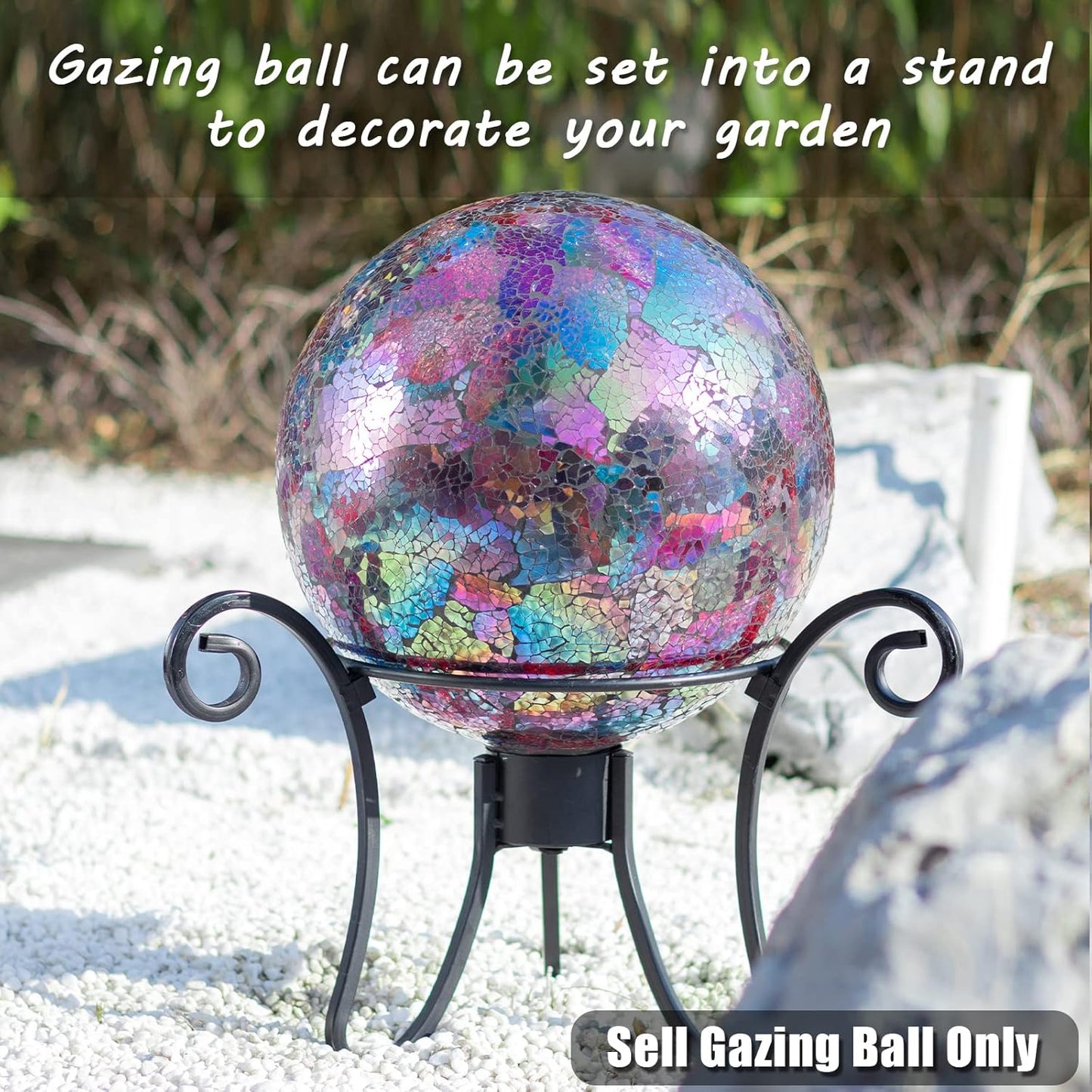 VCUTEKA Gazing Ball, Iridescent Crackled Glass Mosaic Gazing Balls Sphere for Garden Lawn Outdoor Ornament Yard Decorative, 10-Inch, Purple