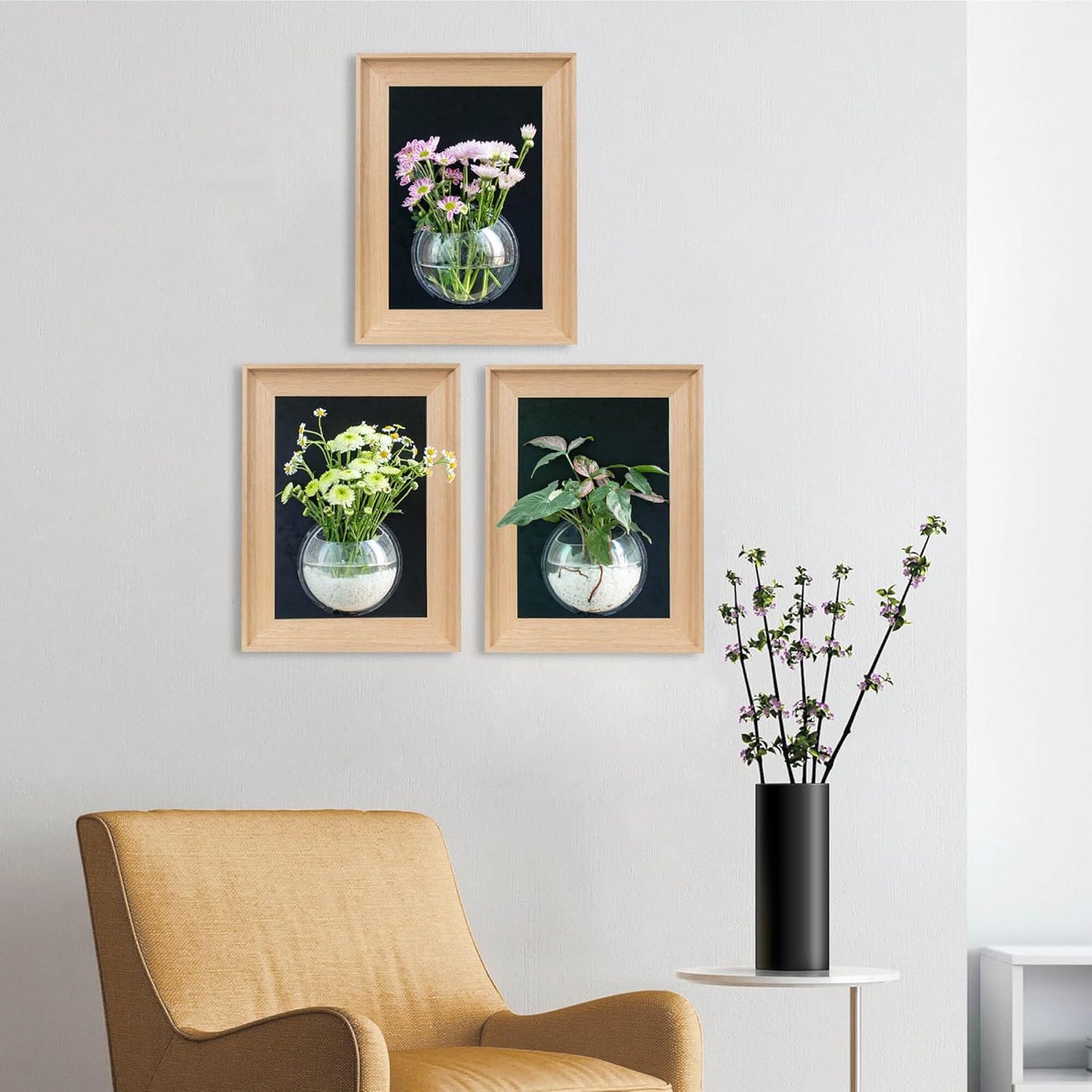 Natural Wooden Frame Wall Hanging Planter for Hydroponic Plants, 12'' x16''inch Wall Vase with Round Acrylic Propagation Station，Bathroom, Office, or Living Room Décor, Set of 3