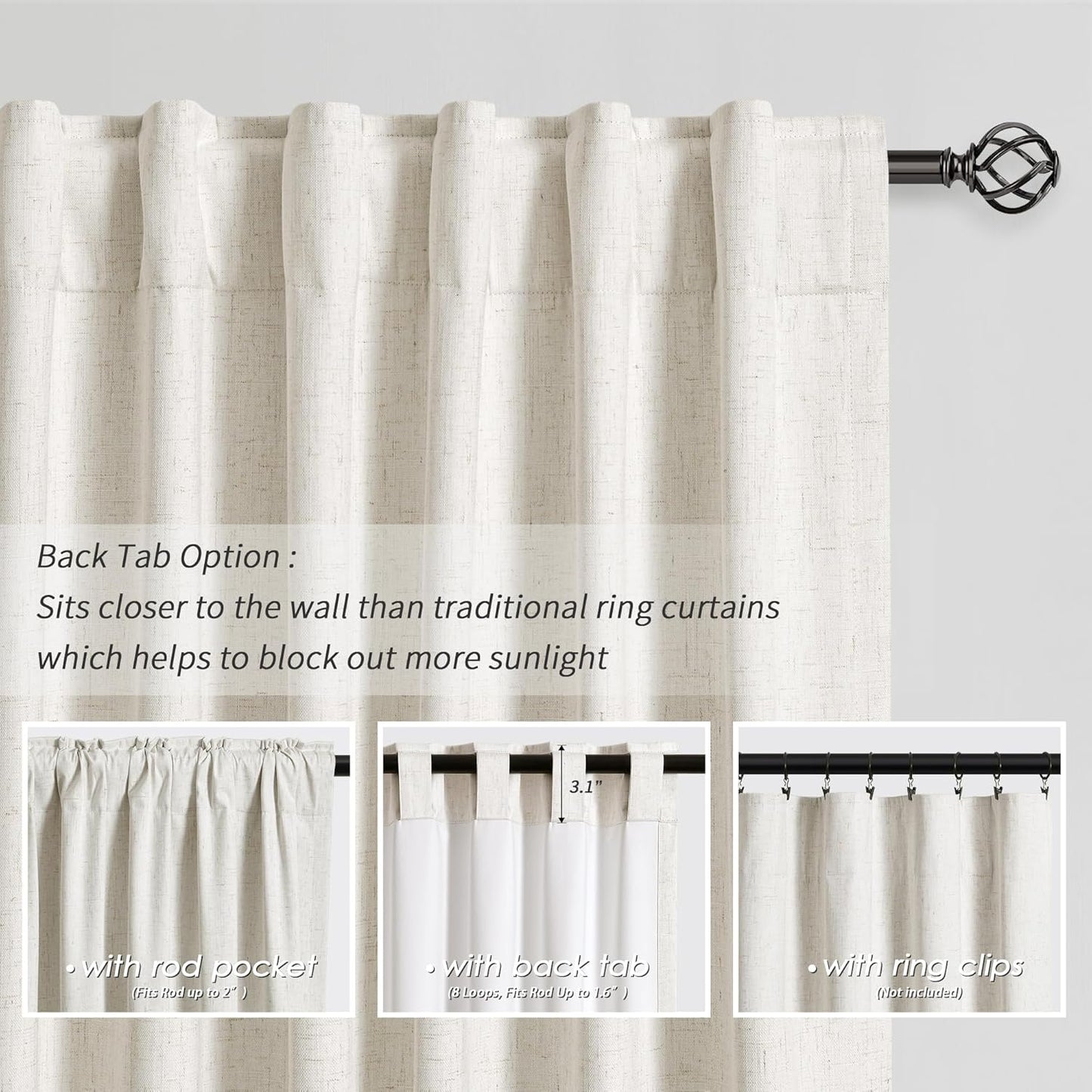 Room Darkening Curtains Cream Blackout Curtains 96 Inches Long 2 Panel Set Back Tab Neutral Natural Linen Black Out Curtain for Sliding Door Modern Farmhouse Bedroom Living Room Drapes Soundproof