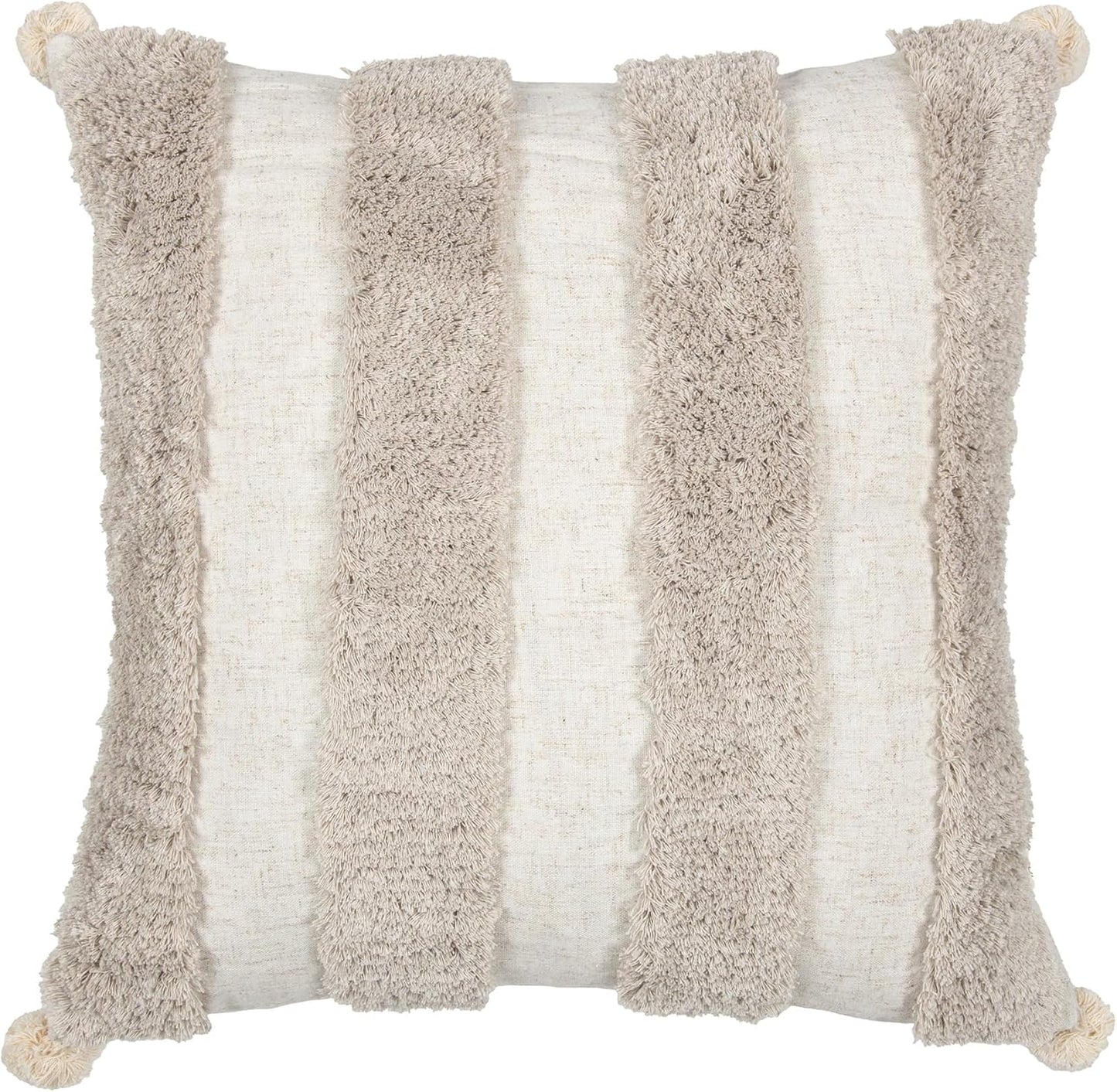 Boho Pillow Covers 18X18 Inch Boho Tufted Linen Throw Pillow Covers Decorative Pompoms Cushion Cover Farmhouse Pillow Case for Couch Sofa Bed Living Room Bedroom,Natural Beige