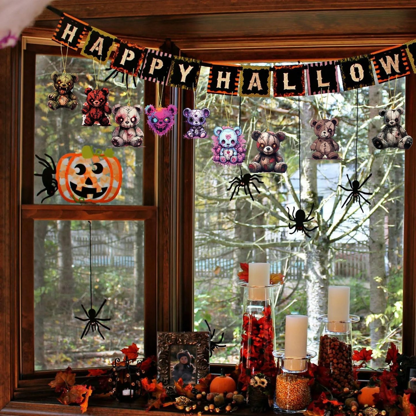 Halloween Tree Hanging Ornaments, 9 Pcs Cute Acrylic Pendant, Terror Bear Halloween Accessories, Funny Cartoon Christmas Tree Decoration for Mini Characters Decorations Indoor Outdoo