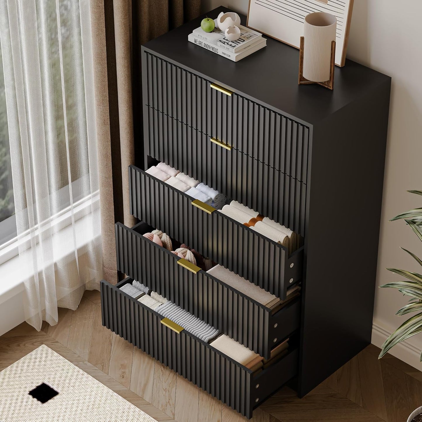 5 Drawer Dresser for Bedroom, Tall Dresser Chest of Drawers with Gold Handles, 32 Inch Wide Nightstand with for Bedroom, Living Rooms, Offices, and Entryways, Black