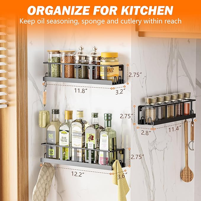 Spice Rack Wall Mounted 3 Pack, Space-Saving Spice Organizer for Spice Jars and Seasonings,Screw or Adhesive Hanging Spice Rack Organizer for Your Kitchen Cabinet,or Pantry Door