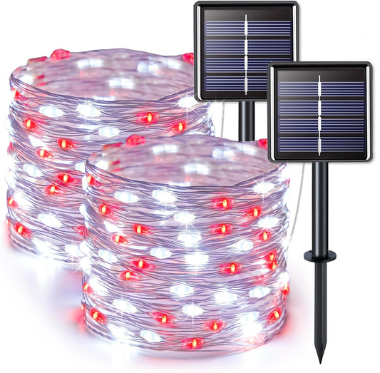 JMEXSUSS 2 Pack Red and White Solar Christmas Lights, Each 33FT 100 LED Solar String Lights Outdoor, Waterproof Solar Fairy Lights for Outside Christmas Decorations