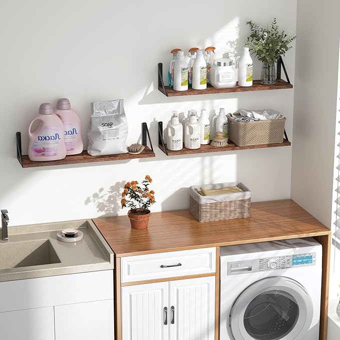 Heimlove Floating Shelves for Wall, 24 Inch Long Wood Floating Shelves Set of 3, Wall Mounted Hanging Shelf for Bathroom Bedroom Kitchen, Rustic Brown