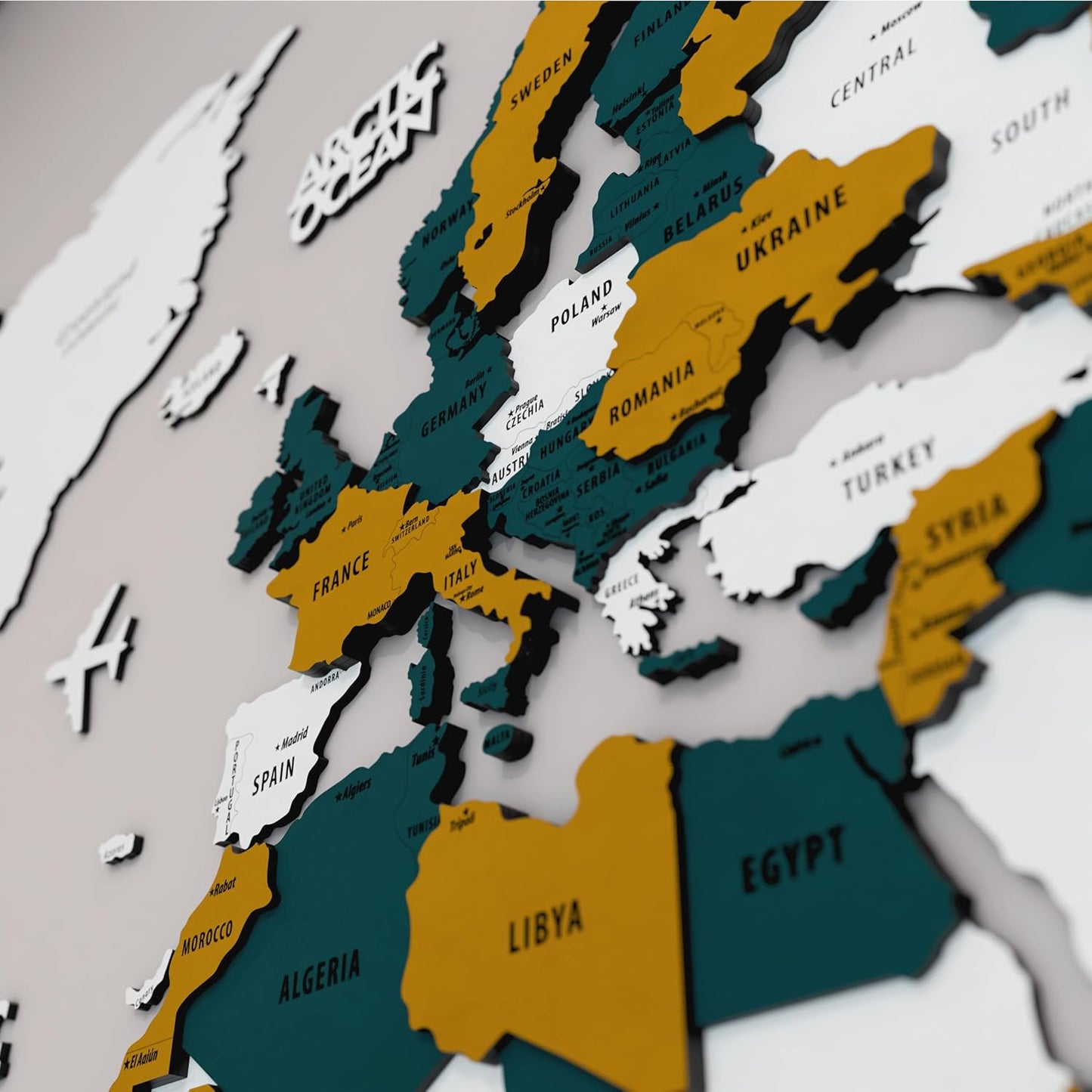 Colorfull Worlds 3D Wooden World Map Wall Art | Unique Wall Decor with Pins for Travel Enthusiasts | Home and Office Wall Décor | Gold-Blue | Large