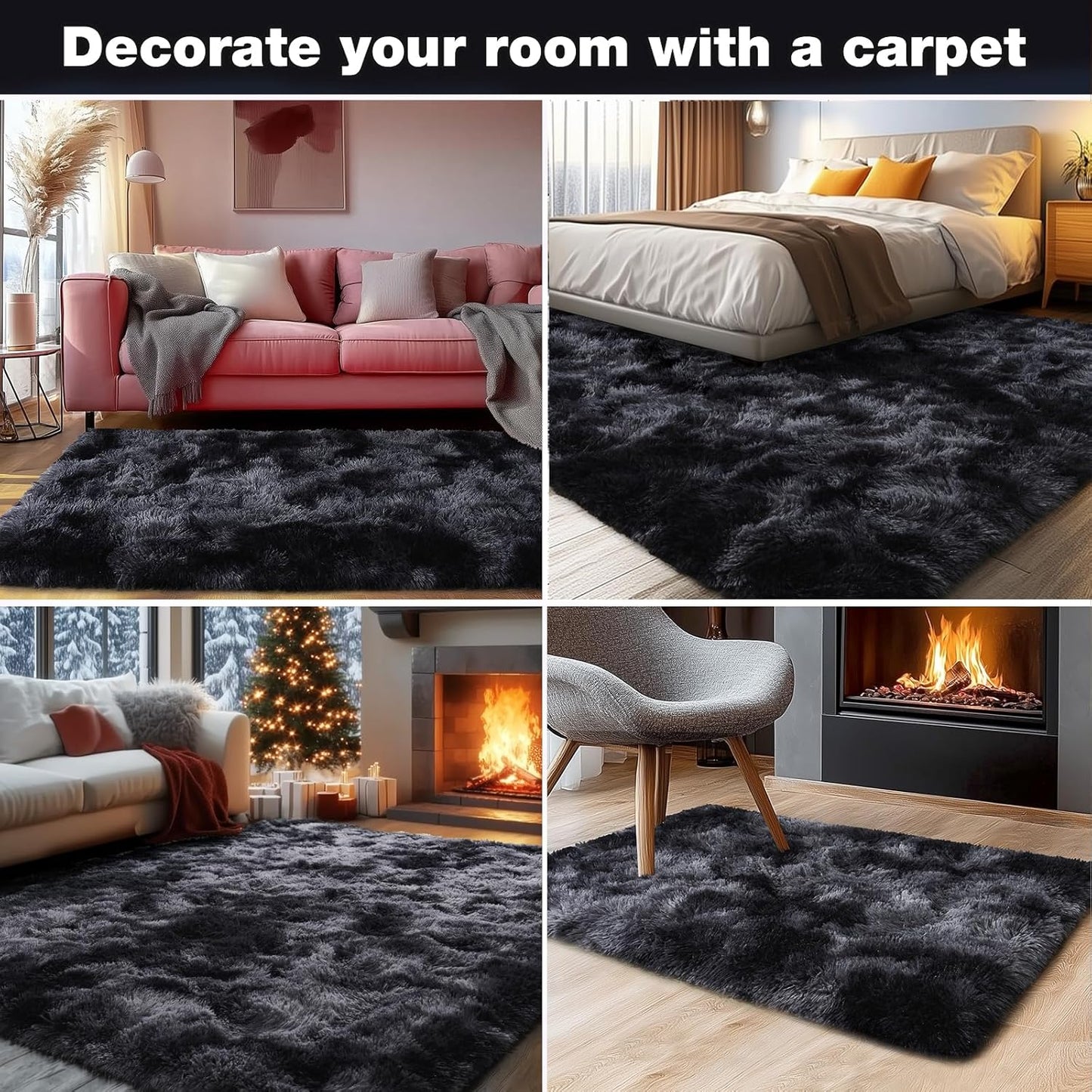 Rezutan Area Rugs 8x10 Living Room, Large Fluffy Rug for Bedroom, Soft Shag Shaggy Fuzzy Carpets for Boys and Girls Dorm Room Home Decor Aesthetic,Black Grey Tie-Dyed.