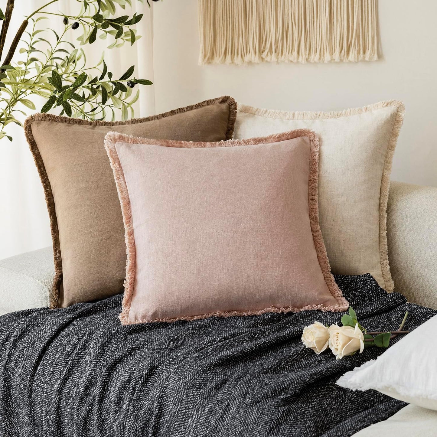 Foindtower Set of 2 Decorative Linen Fringe Throw Pillow Covers Boho Farmhouse Cushion Cover with Tassels Soft Accent Pillowcase for Couch Chair Sofa Bed Living Room Home Decor,20×20 Inch,Light Pink