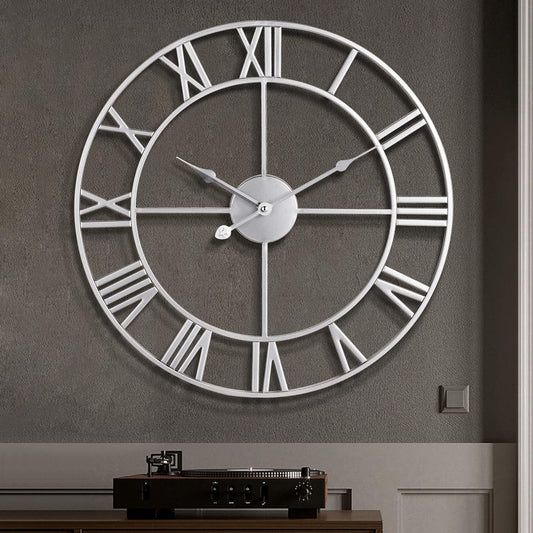 1st owned Large Wall Clock Silent Non-Ticking Roman Numerals Vintage Battery Operated (24 inch,18inch,16inch) Farmhouse Wall Clock for Living Room, Bedroom, Kitchen, Cafe Decor-Silver 40CM