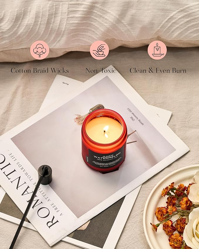 M&SENSE Juicy Watermelon Scented Candle, 7.05oz 50 Hours Clean Non Toxic Natural Soy Wax Long Lasting Candle for Women Men, 2 Wick Fruit Scent Home Fragrance Home Decor for Housewarming Gifts