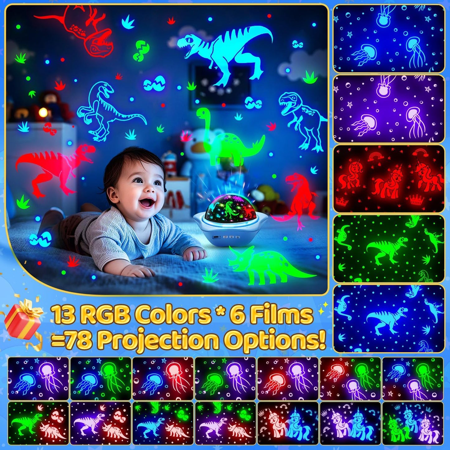 Jellyfish Baby Night Light Projector, Dinosaur+Jellyfish+Unicorn Night Light Projector, 96 Projection Options+USB Rechargeable Baby Sleeping Toys Baby Gifts,Jellyfish Lamp Baby Toys Baby Gifts Newborn